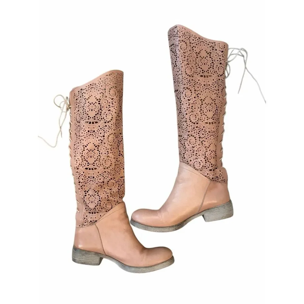 Sundance Lucera Lace Up Laser Cut Knee-High Boots in Nude/Blush Size 39 US 8.5-9